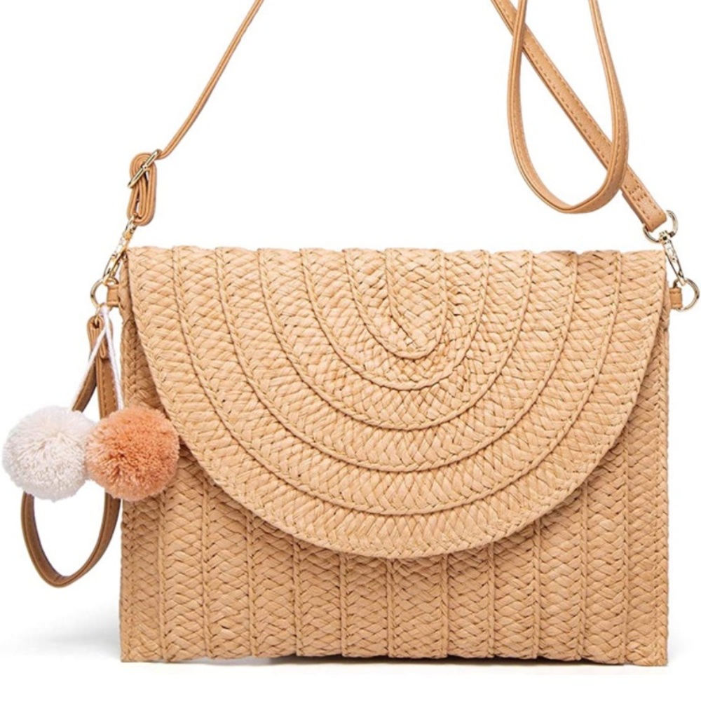 Straw Shoulder Bag Clutch Women Hand-woven PomPom Crossbody Envelope Purse